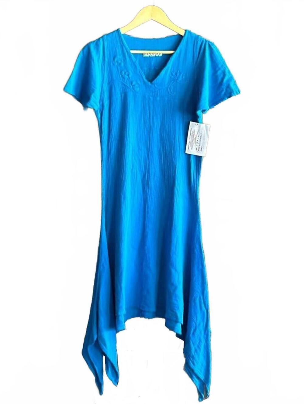 NWT Manta Del Lago Blue Boho Chic Midi Dress Small Shark Bite Hem Hippie